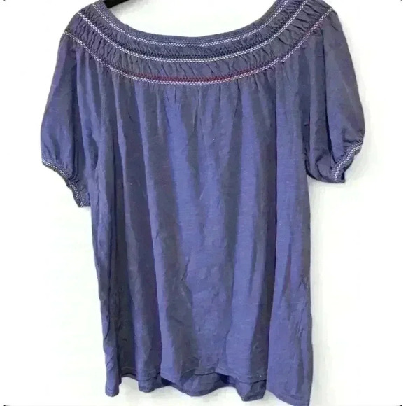 Old Navy Women's Medium Blue Embroidered Peasant Top Short Puff Sleeve - Picture 2 of 3
